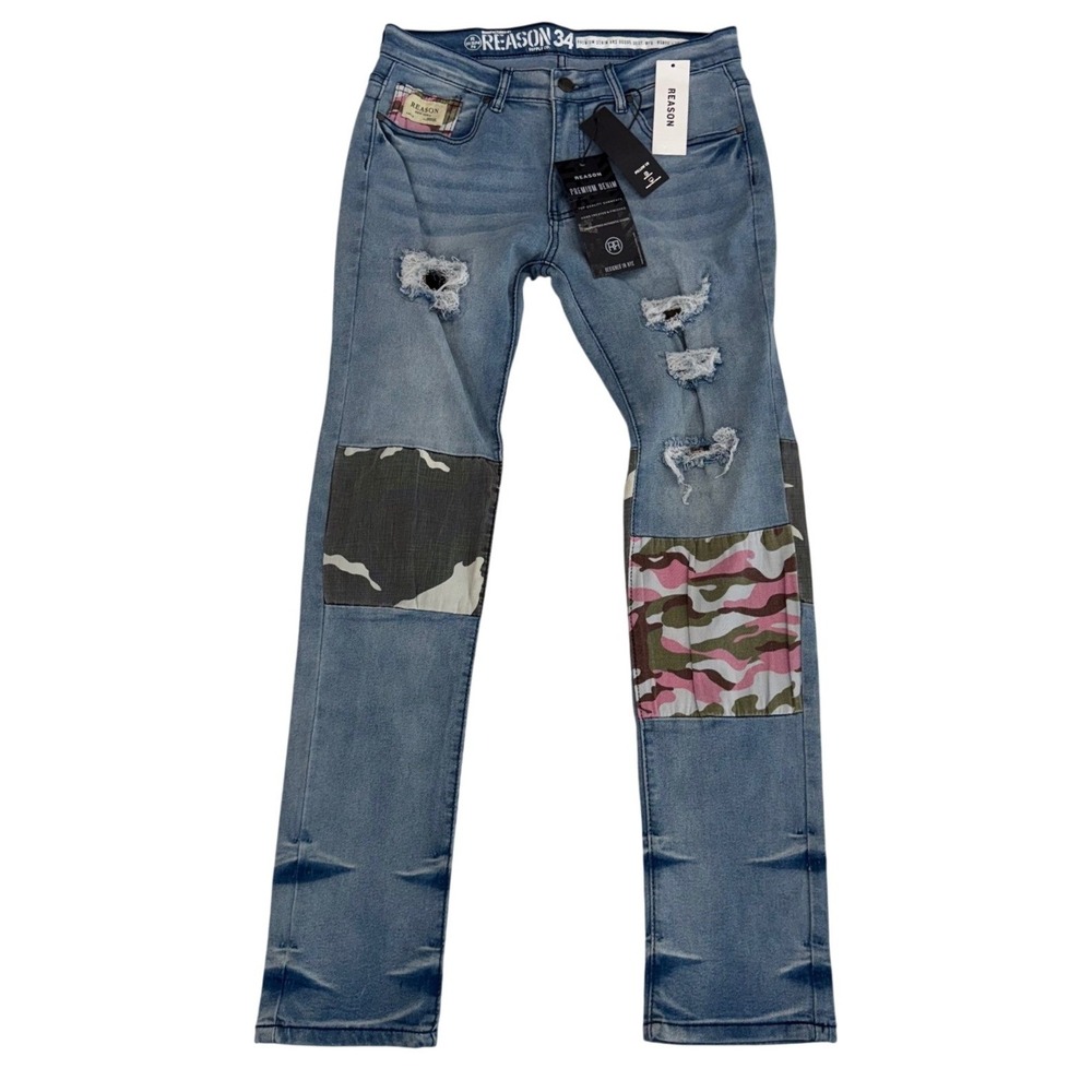Y2K Streetwear Distressed Patch Womens Jeans Camo‎ Grunge Indie Slim 32x32 NWT